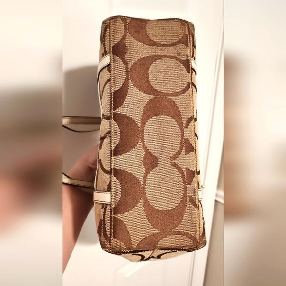 Coach Signature C Shoulder Tote Bag w/ Satin Stripe & Leather Trim 14" X 10" - Picture 4 of 14